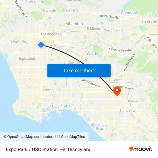 Expo Park / USC Station to Disneyland map