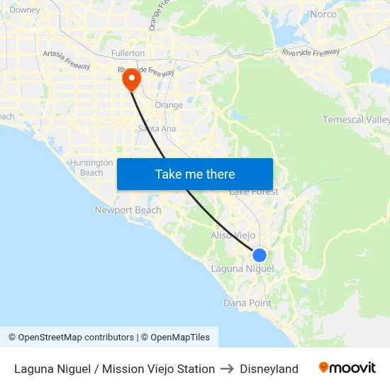 Laguna Niguel / Mission Viejo Station to Disneyland map