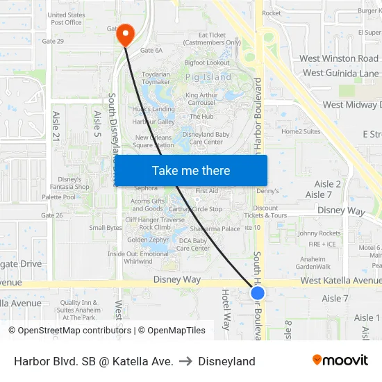 Harbor Blvd. SB @ Katella Ave. to Disneyland map