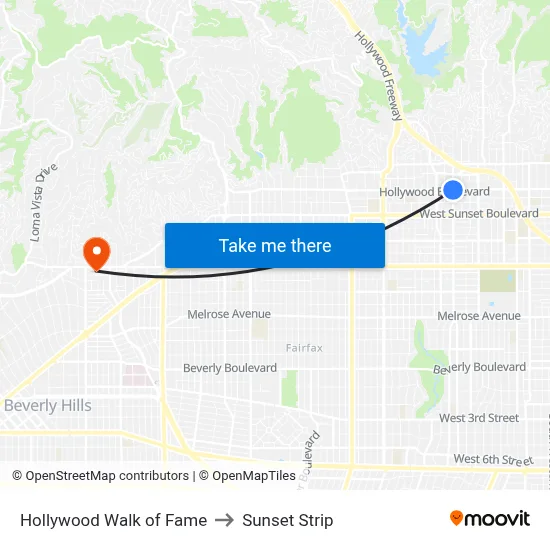Hollywood Walk of Fame to Sunset Strip map