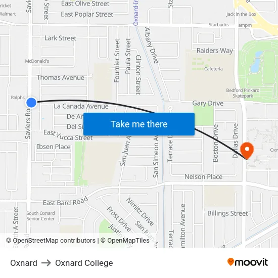 Oxnard to Oxnard College map