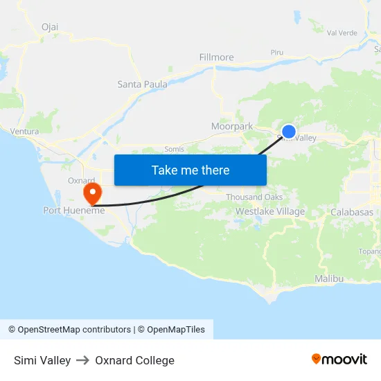 Simi Valley to Oxnard College map