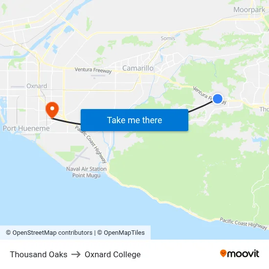 Thousand Oaks to Oxnard College map