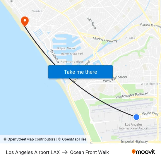 Los Angeles Airport LAX to Ocean Front Walk map