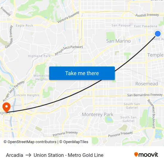 Arcadia to Union Station - Metro Gold Line map