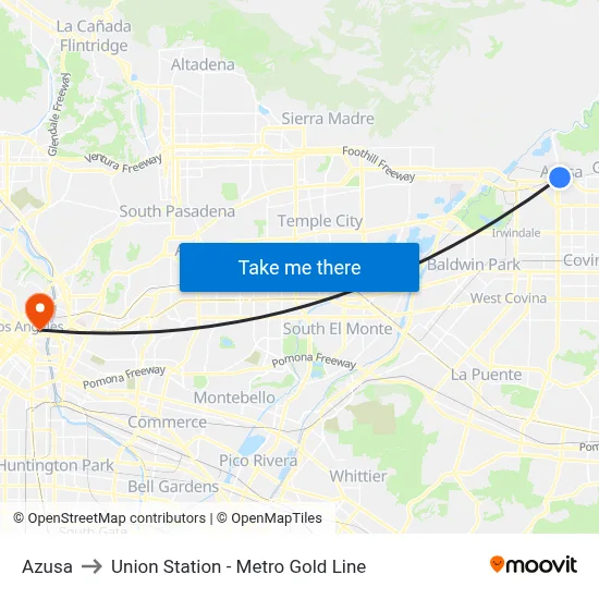 Azusa to Union Station - Metro Gold Line map