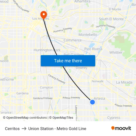 Cerritos to Union Station - Metro Gold Line map