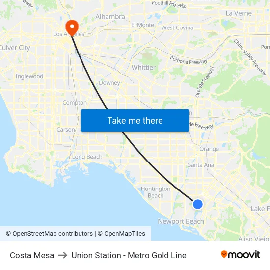 Costa Mesa to Union Station - Metro Gold Line map