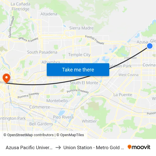 Azusa Pacific University to Union Station - Metro Gold Line map