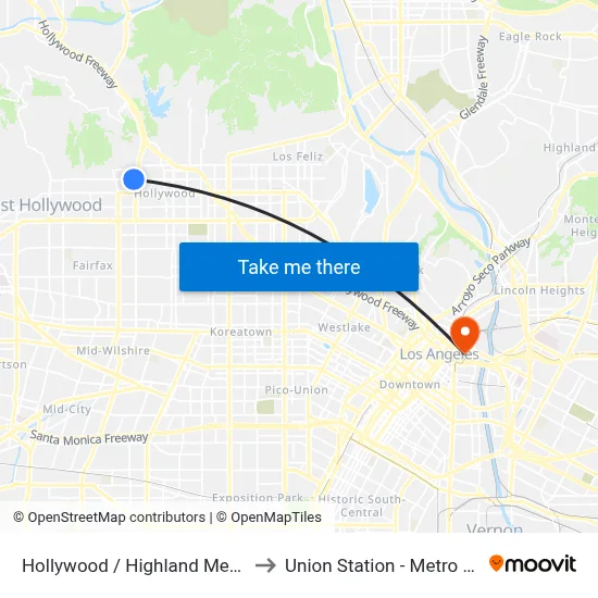 Hollywood / Highland Metro Station to Union Station - Metro Gold Line map