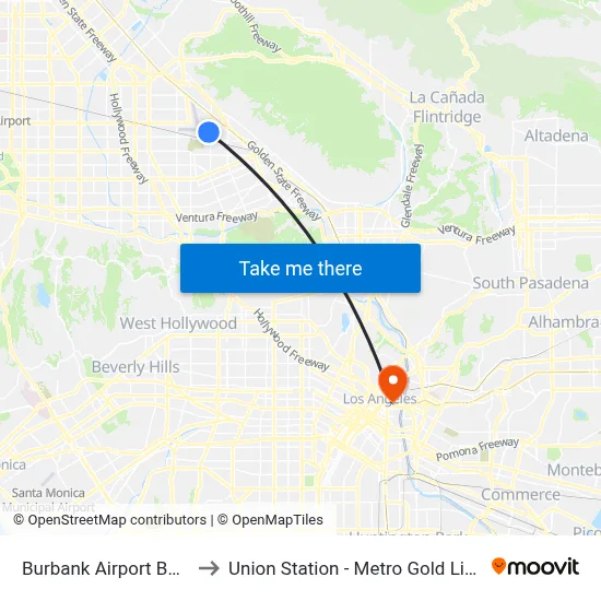 Burbank Airport BUR to Union Station - Metro Gold Line map