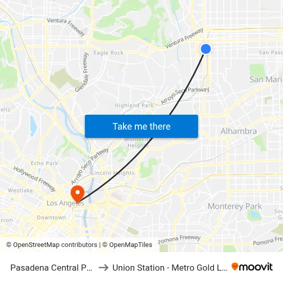 Pasadena Central Park to Union Station - Metro Gold Line map