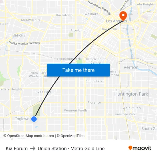 Kia Forum to Union Station - Metro Gold Line map