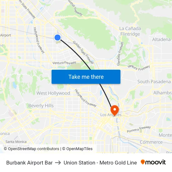 Burbank Airport Bar to Union Station - Metro Gold Line map