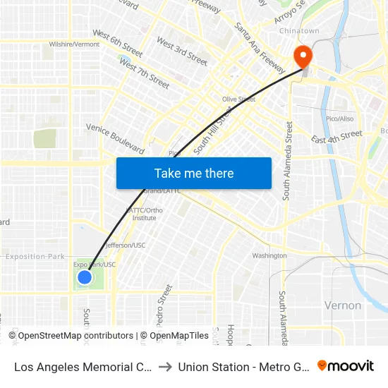 Los Angeles Memorial Coliseum to Union Station - Metro Gold Line map