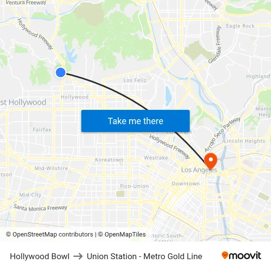 Hollywood Bowl to Union Station - Metro Gold Line map