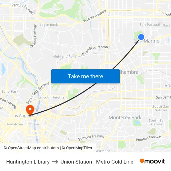 Huntington Library to Union Station - Metro Gold Line map