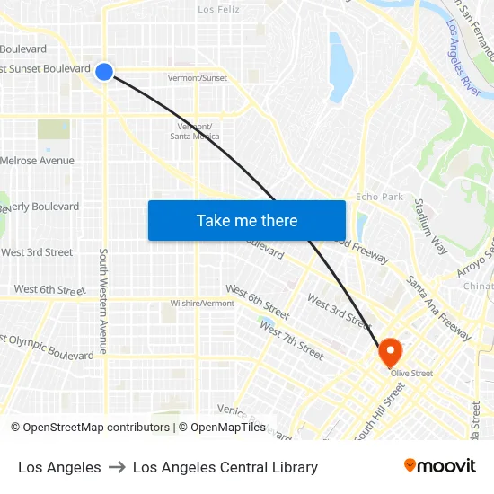 Los Angeles to Los Angeles Central Library map