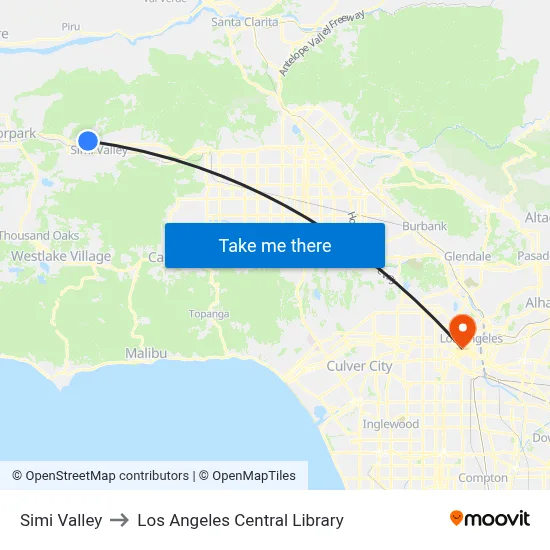Simi Valley to Los Angeles Central Library map