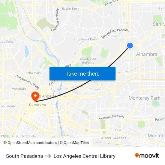 South Pasadena to Los Angeles Central Library map