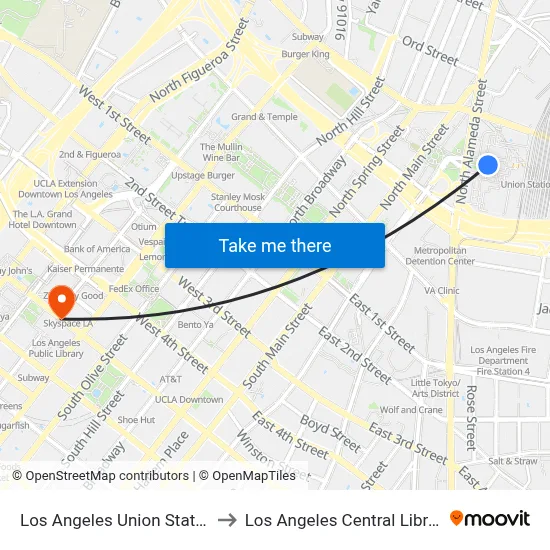 Los Angeles Union Station to Los Angeles Central Library map
