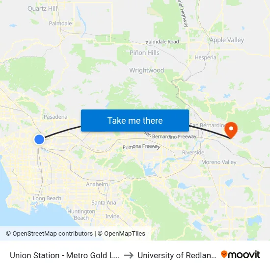 Union Station - Metro Gold Line to University of Redlands map