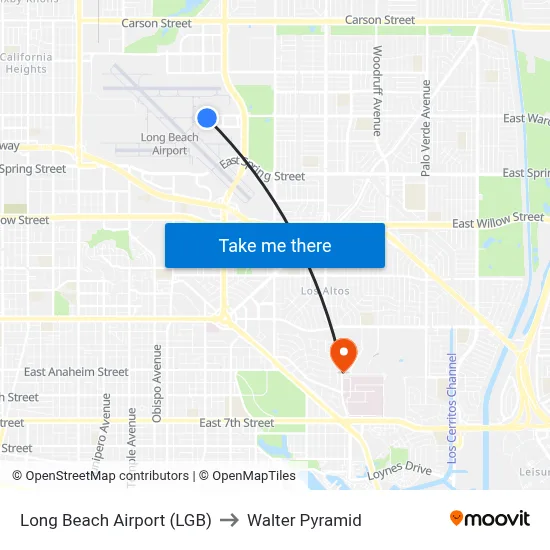 Long Beach Airport (LGB) to Walter Pyramid map