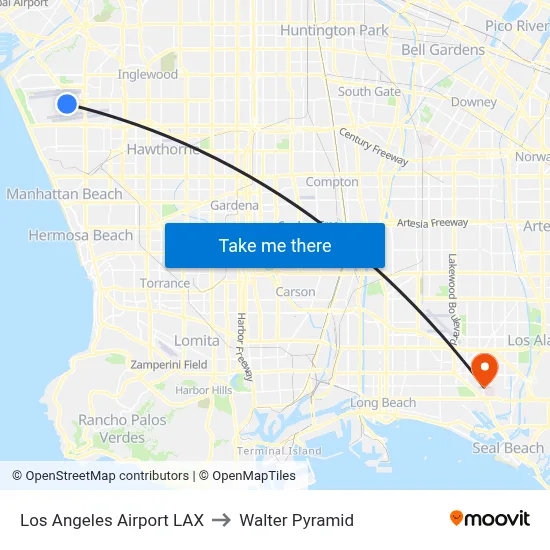 Los Angeles Airport LAX to Walter Pyramid map
