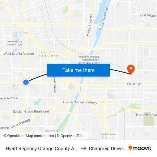 Hyatt Regency Orange County Anaheim to Chapman University map