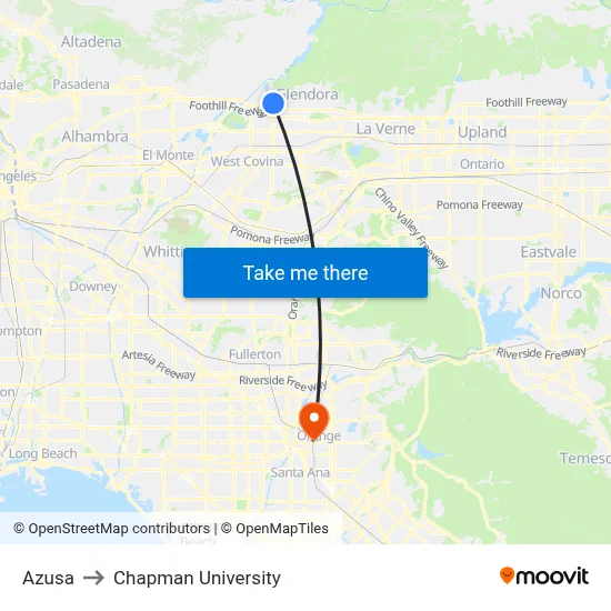 Azusa to Chapman University map