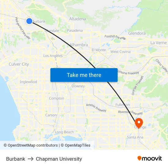 Burbank to Chapman University map