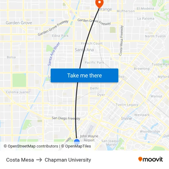 Costa Mesa to Chapman University map