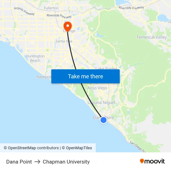 Dana Point to Chapman University map