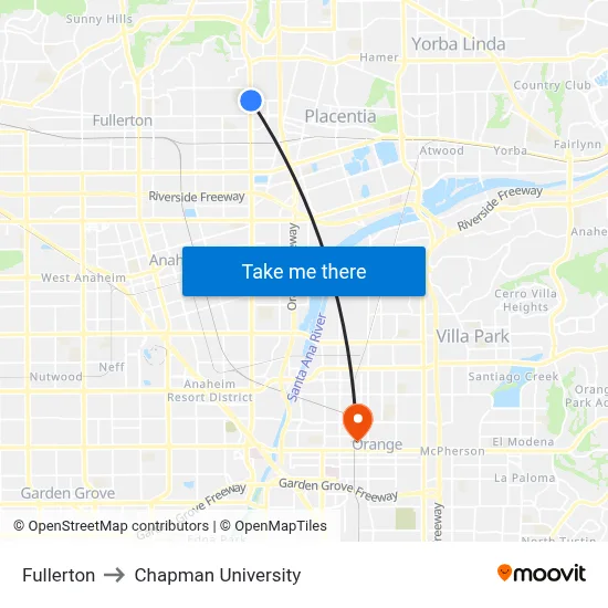 Fullerton to Chapman University map