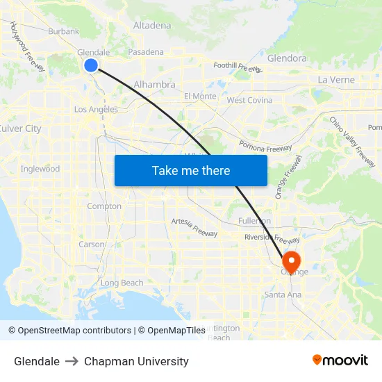 Glendale to Chapman University map