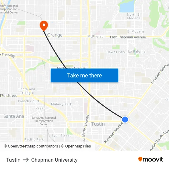 Tustin to Chapman University map