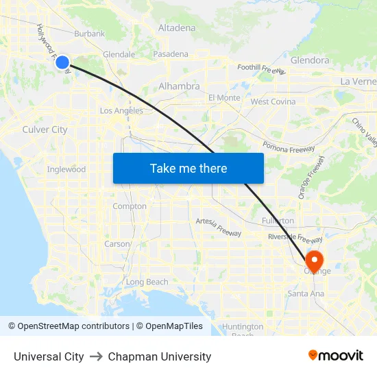 Universal City to Chapman University map