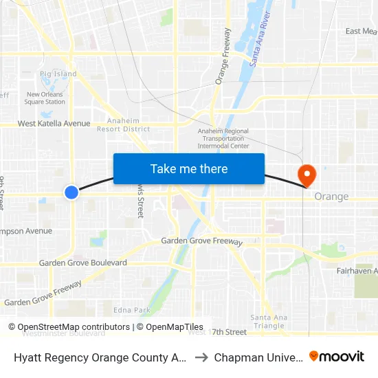 Hyatt Regency Orange County Anaheim to Chapman University map