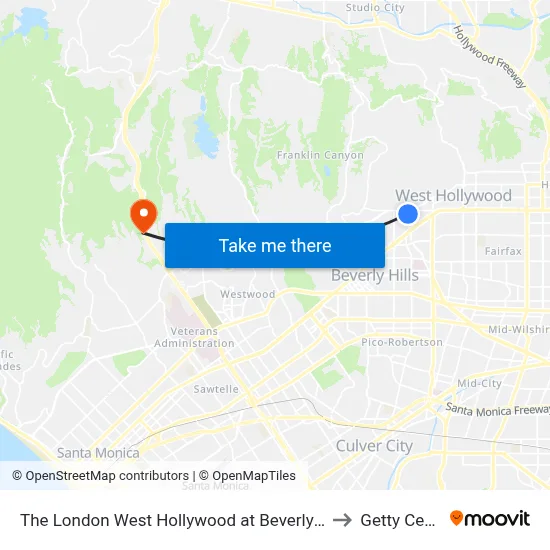 The London West Hollywood at Beverly Hills Hotel - Tesla to Getty Center Dr map