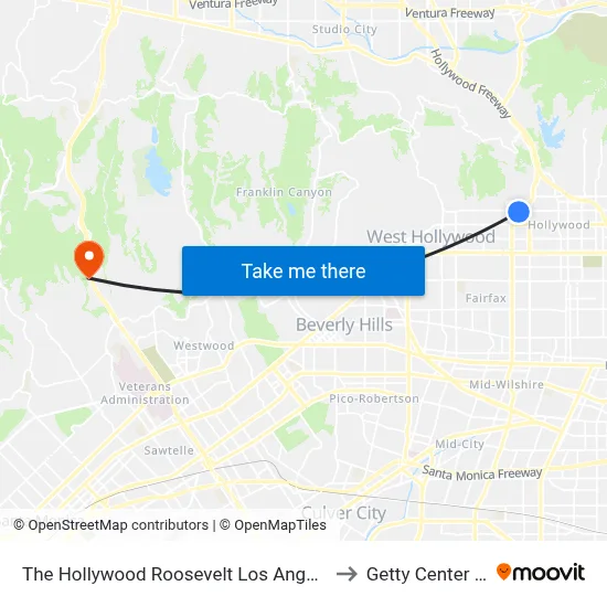The Hollywood Roosevelt Los Angeles to Getty Center Dr map