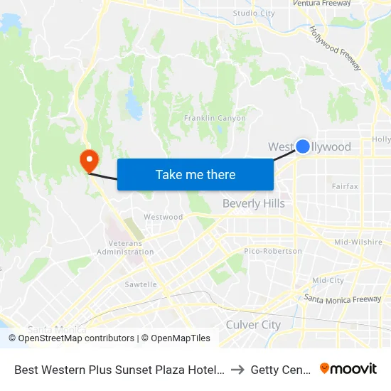Best Western Plus Sunset Plaza Hotel Los Angeles to Getty Center Dr map