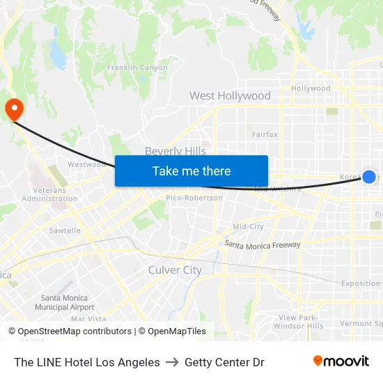The LINE Hotel Los Angeles to Getty Center Dr map