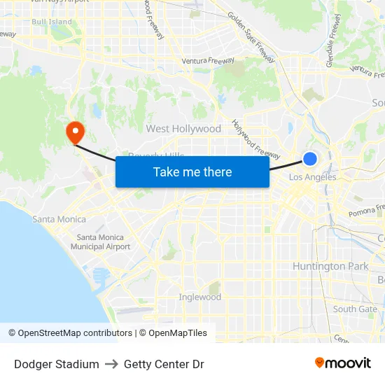 Dodger Stadium to Getty Center Dr map