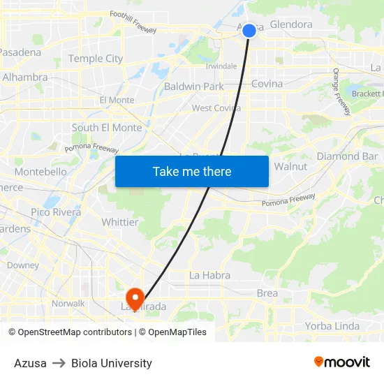 Azusa to Biola University map