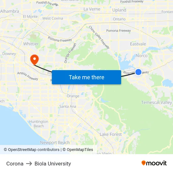 Corona to Biola University map