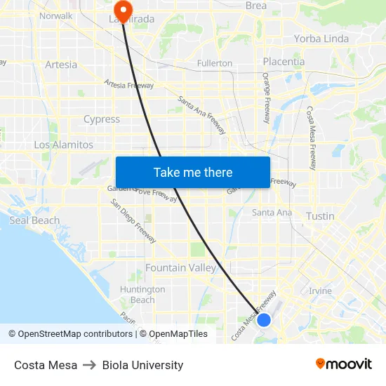 Costa Mesa to Biola University map