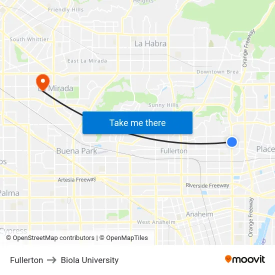 Fullerton to Biola University map