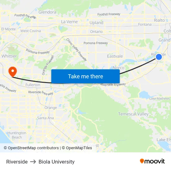 Riverside to Biola University map