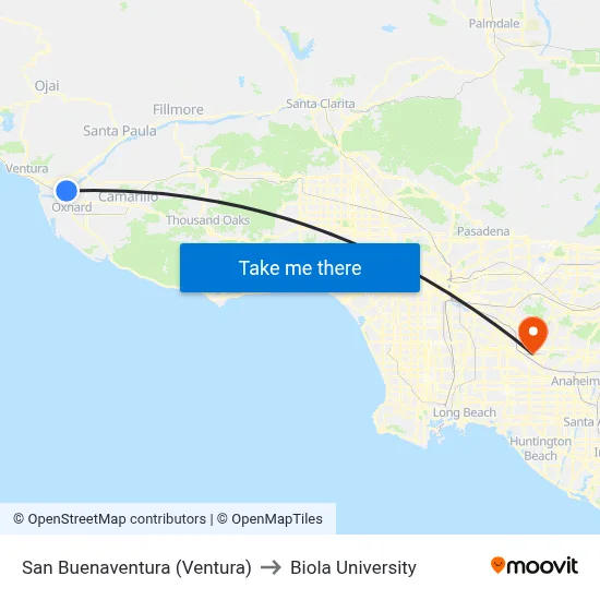 San Buenaventura (Ventura) to Biola University map