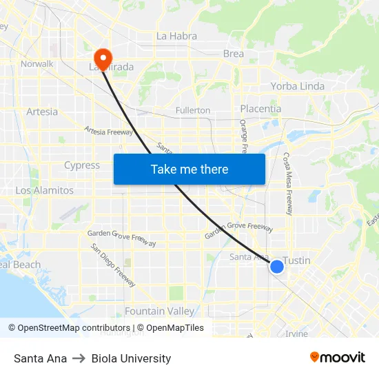 Santa Ana to Biola University map